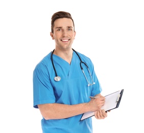 Portrait of medical assistant with stethoscope and clipboard on white background