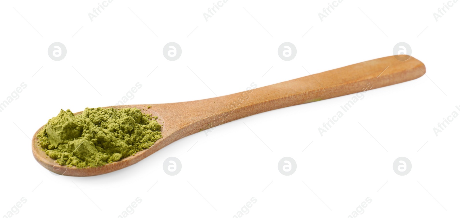 Photo of Henna powder in wooden spoon isolated on white