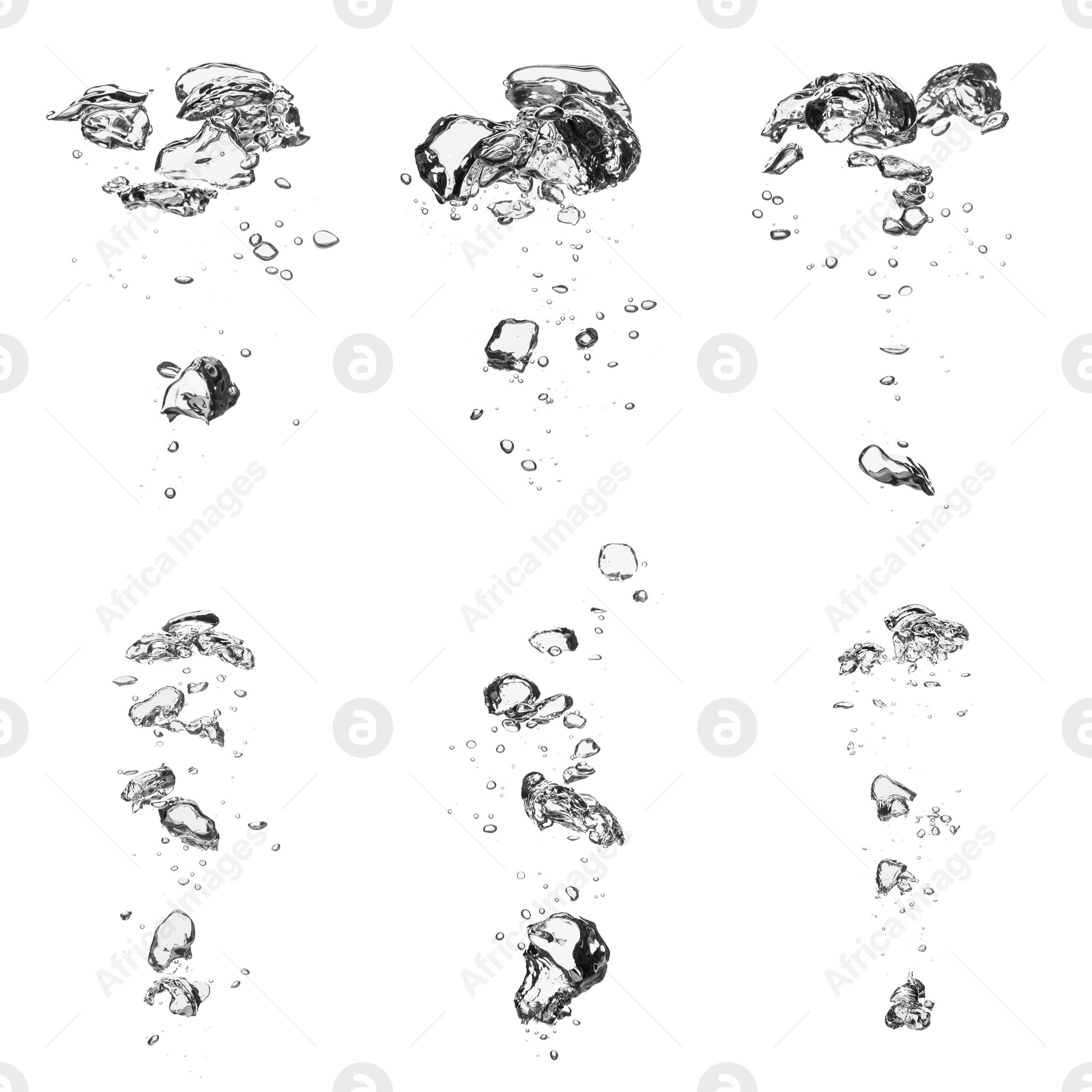 Image of Collage with air bubbles in water on white background