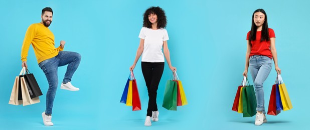Image of People with shopping bags on light blue background, set with photos
