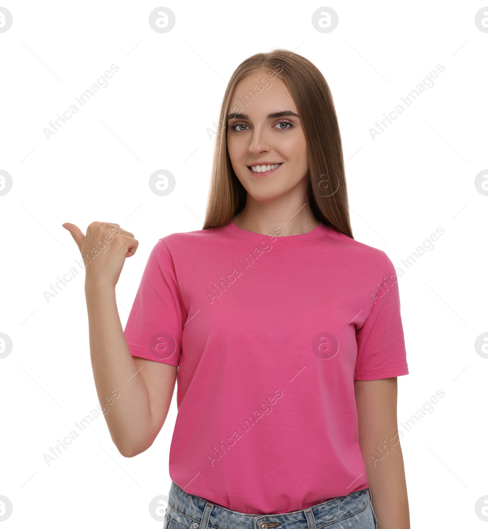 Photo of Special promotion. Happy woman pointing at something on white background