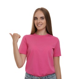 Photo of Special promotion. Happy woman pointing at something on white background