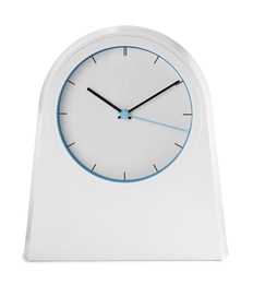 Photo of Elegant modern alarm clock isolated on white