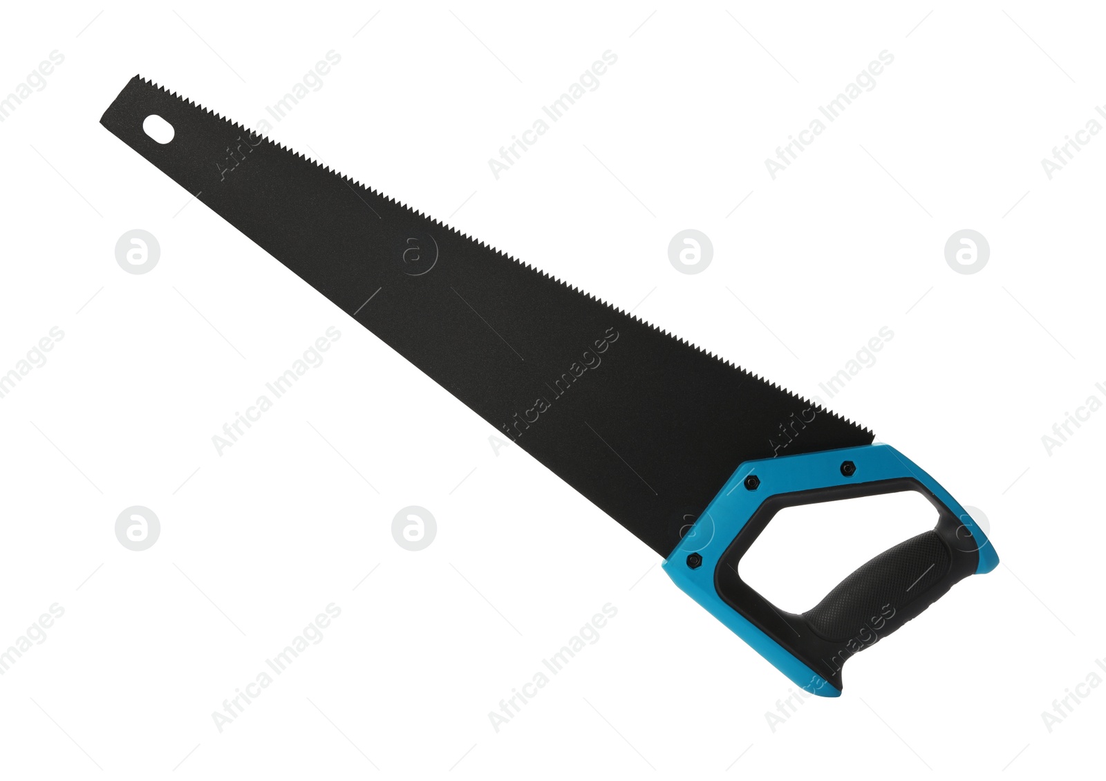 Photo of New hand saw on white background. Professional construction tool