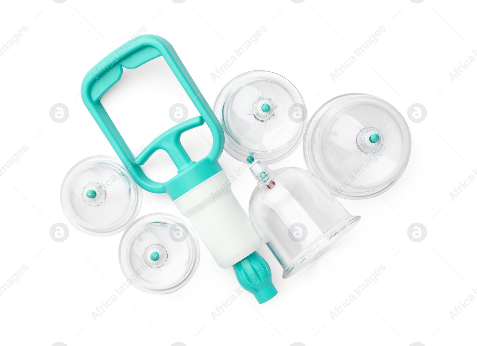 Photo of Plastic cups and hand pump isolated on white, top view. Cupping therapy