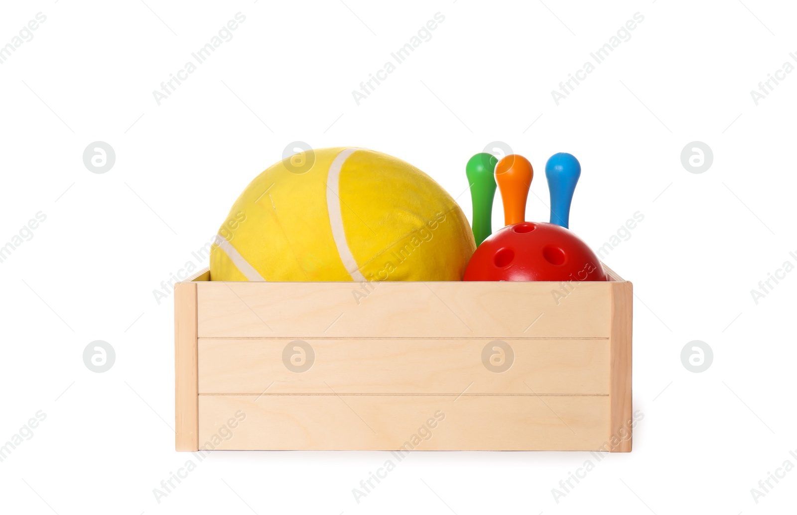 Photo of Crate with different child toys isolated on white