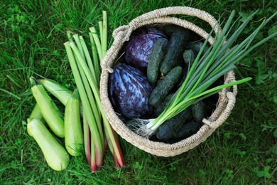 Photo of Tasty vegetables with wicker basket on green grass, top view