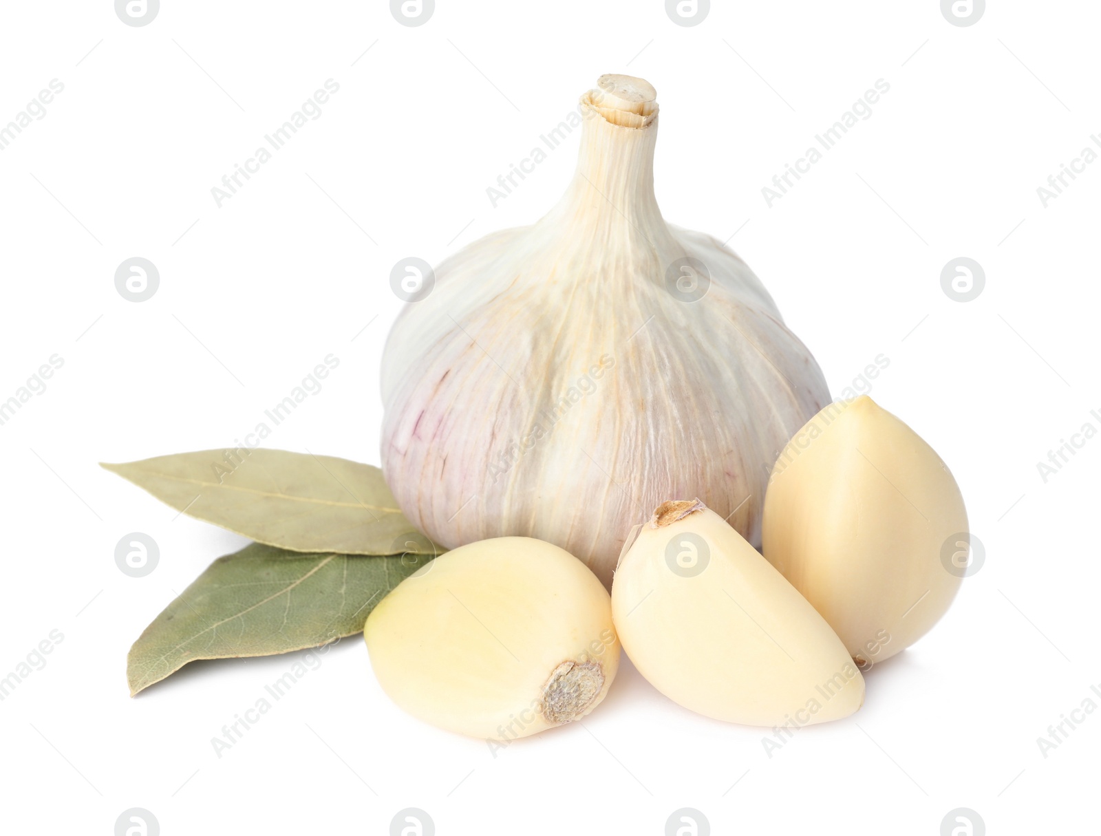 Photo of Fresh garlic bulb and cloves with bay leaves isolated on white. Organic food