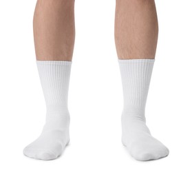 Photo of Man in stylish socks on white background, closeup