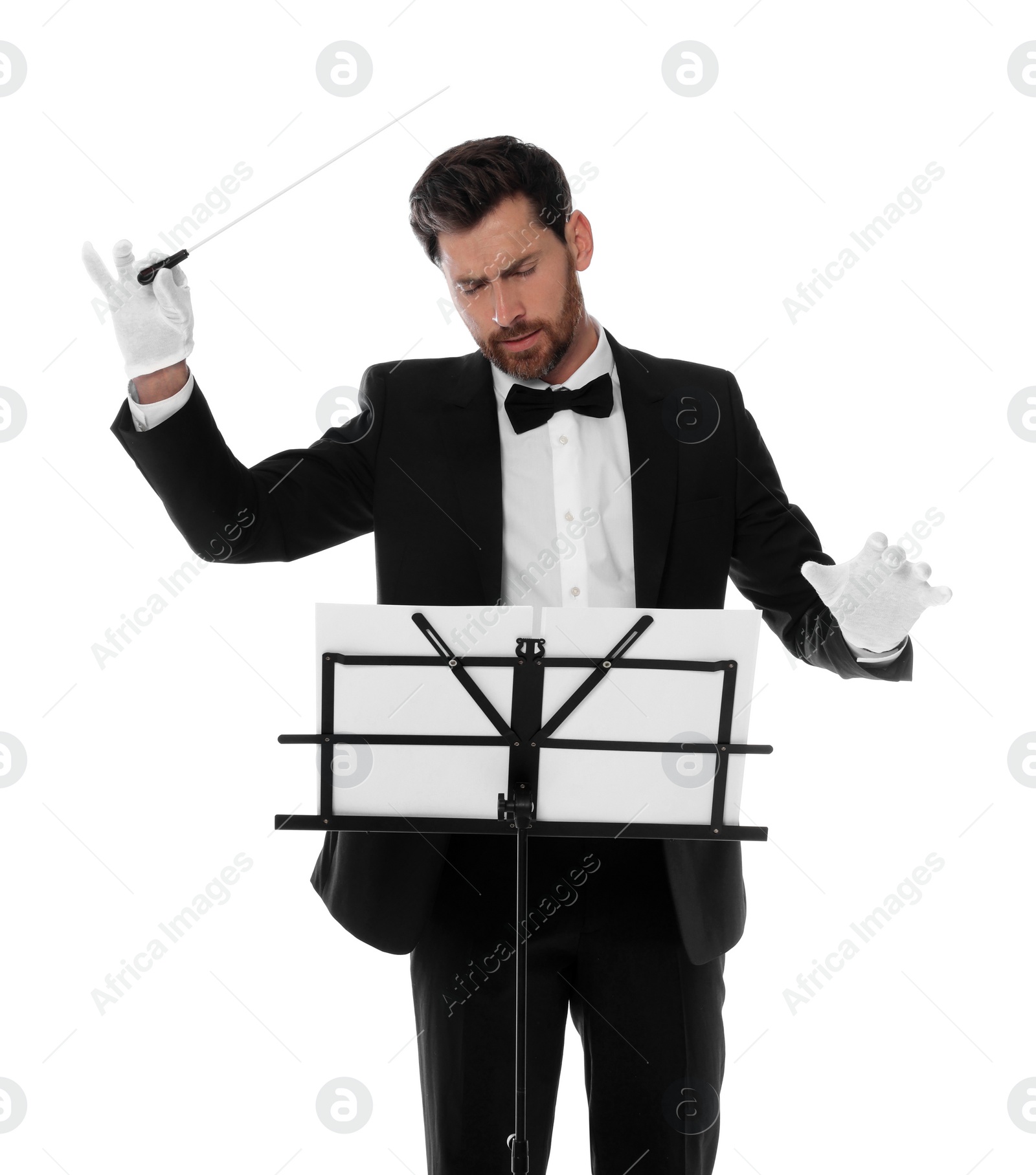 Photo of Professional conductor with baton and note stand on white background