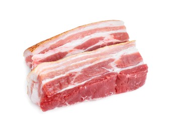 Photo of Pieces of raw pork belly isolated on white