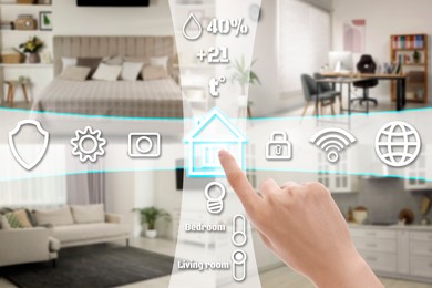 Image of Smart home system. Woman using digital interface, closeup