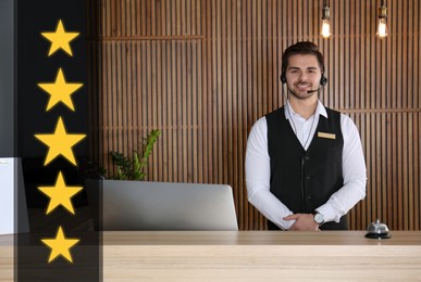 Image of Five Star Luxury Hotel. Portrait of receptionist at desk in lobby