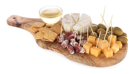 Photo of Toothpick appetizers. Tasty cheese, sausage, crackers and olives on white background
