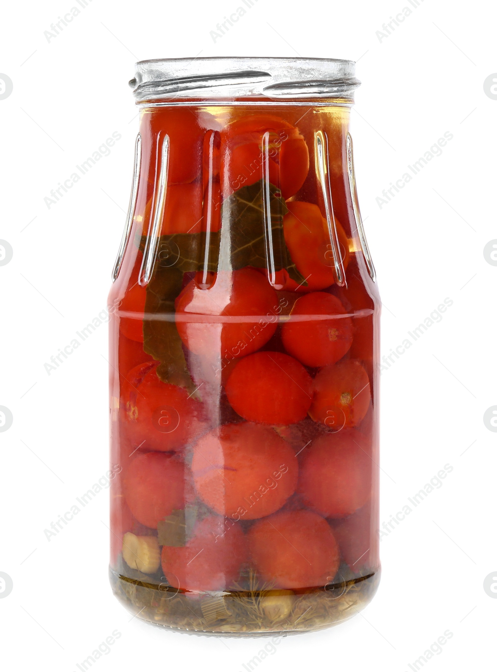 Photo of Jar of pickled tomatoes isolated on white