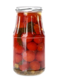 Photo of Jar of pickled tomatoes isolated on white