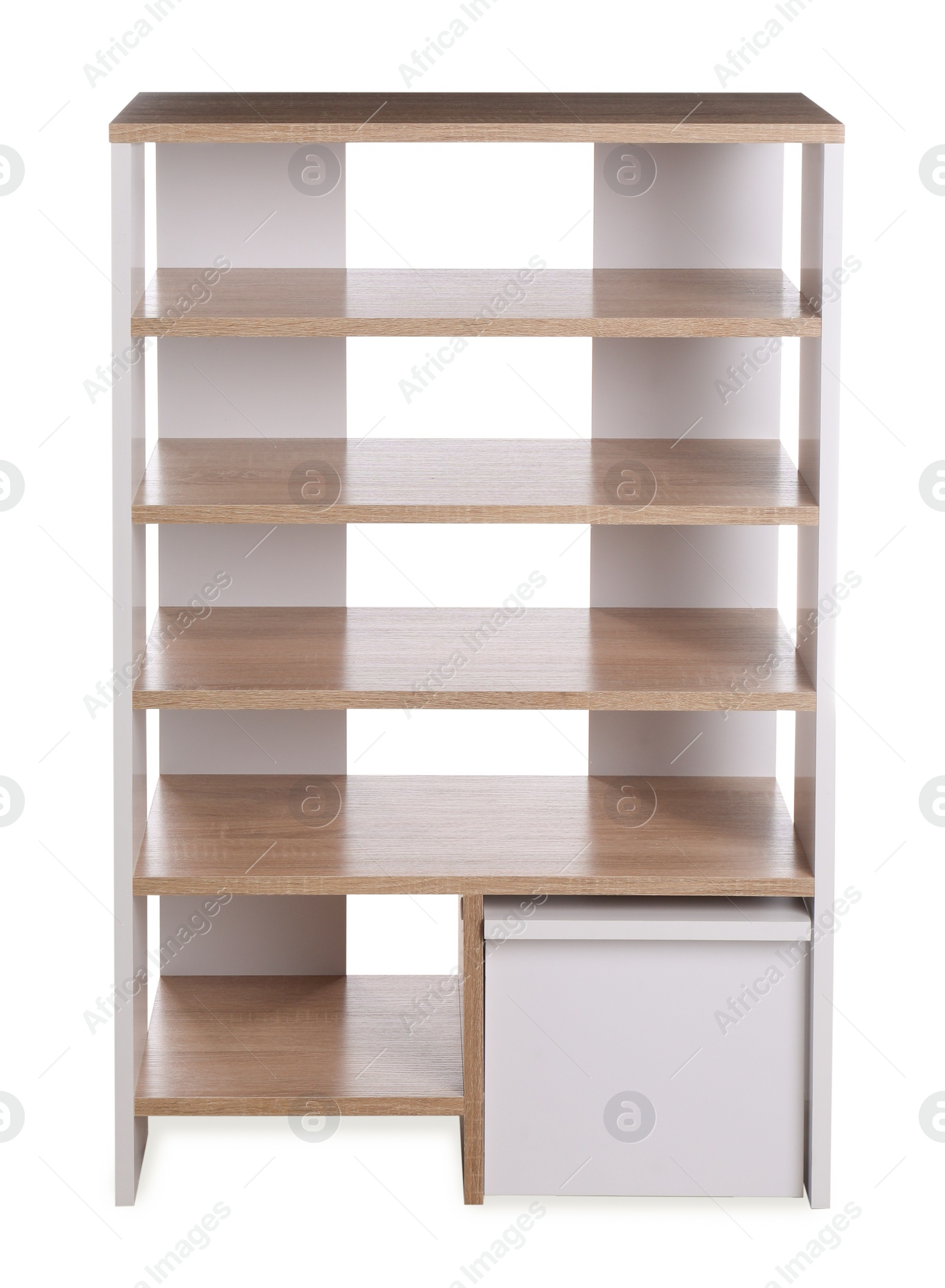 Photo of Empty wooden shoe storage rack isolated on white