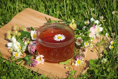 Photo of Ornate glass cup of tea, different wildflowers and herbs on wooden board in meadow