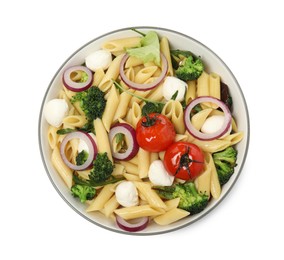 Bowl of delicious pasta with tomatoes, onion and broccoli on white background, top view