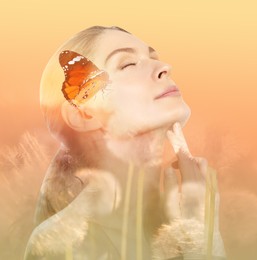 Image of Double exposure of beautiful woman, blooming flowers and butterfly on color gradient background