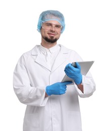 Photo of Quality control. Food inspector with tablet on white background