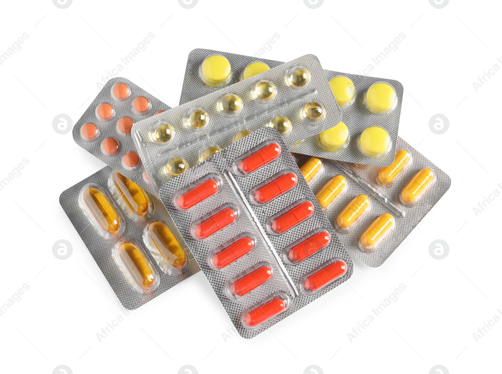 Photo of Blisters with different pills on white background, top view