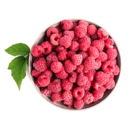 Bowl of fresh ripe raspberries with green leaves isolated on white, top view
