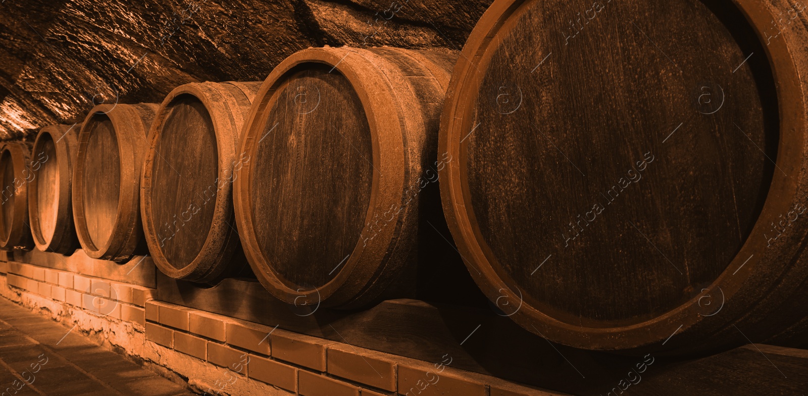 Image of Many wooden barrels in cellar, banner design