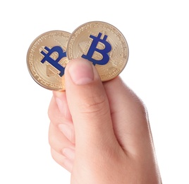 Photo of Man holding golden bitcoins on white background, closeup