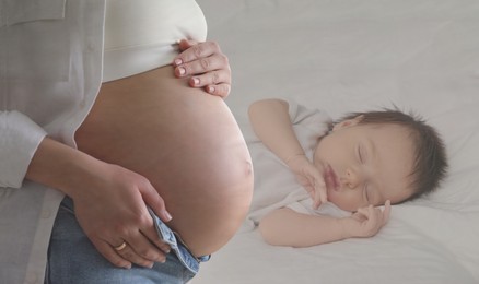 Double exposure of pregnant woman and cute baby