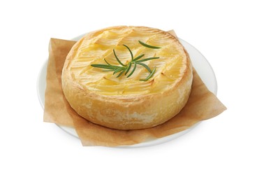 Photo of Tasty baked brie cheese with rosemary isolated on white
