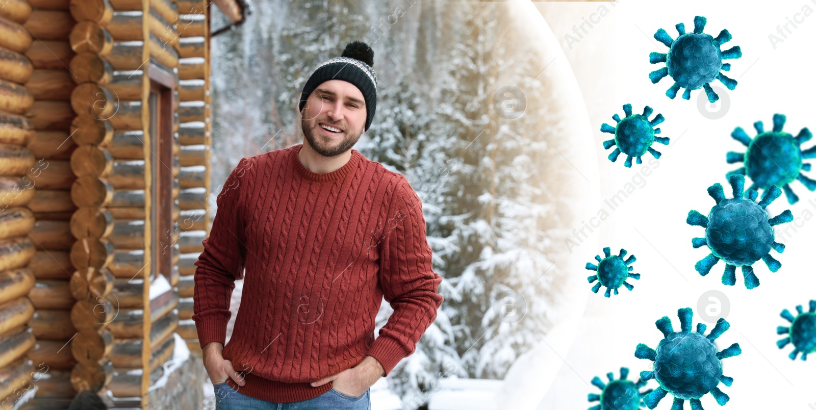 Image of Man with strong immunity surrounded by viruses outdoors in winter, banner design