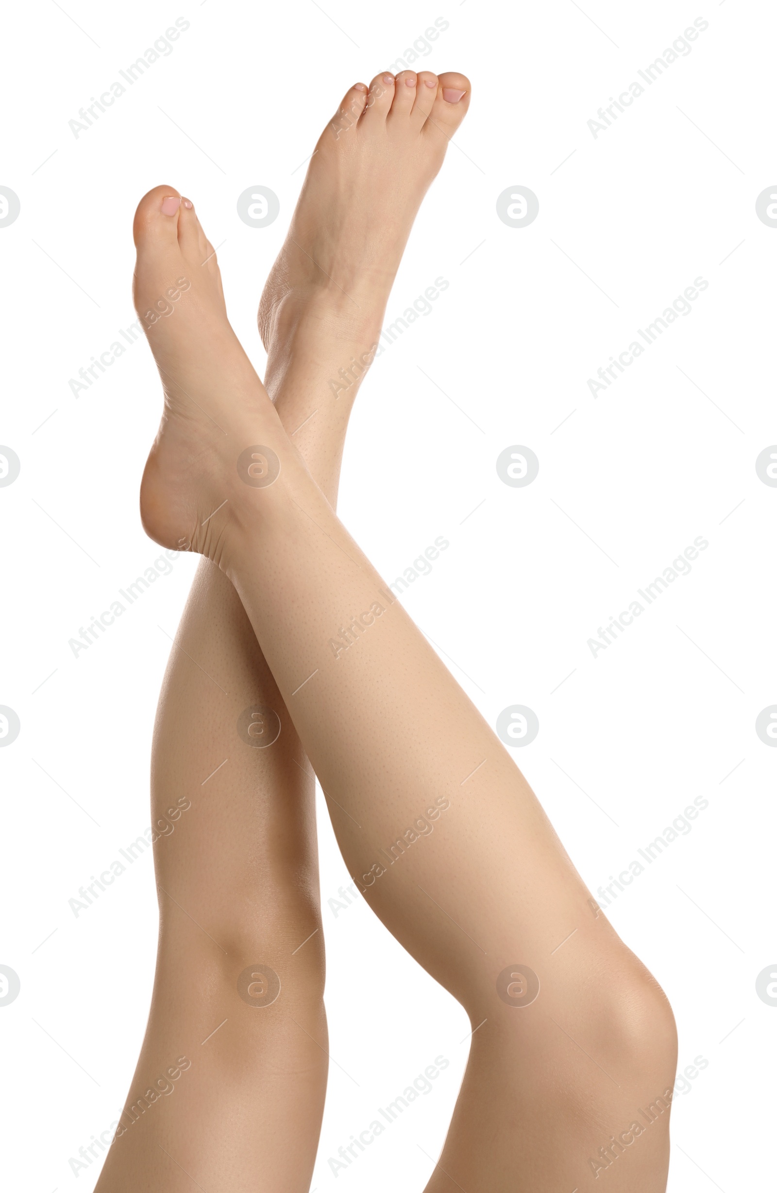 Photo of Woman with beautiful legs isolated on white, closeup