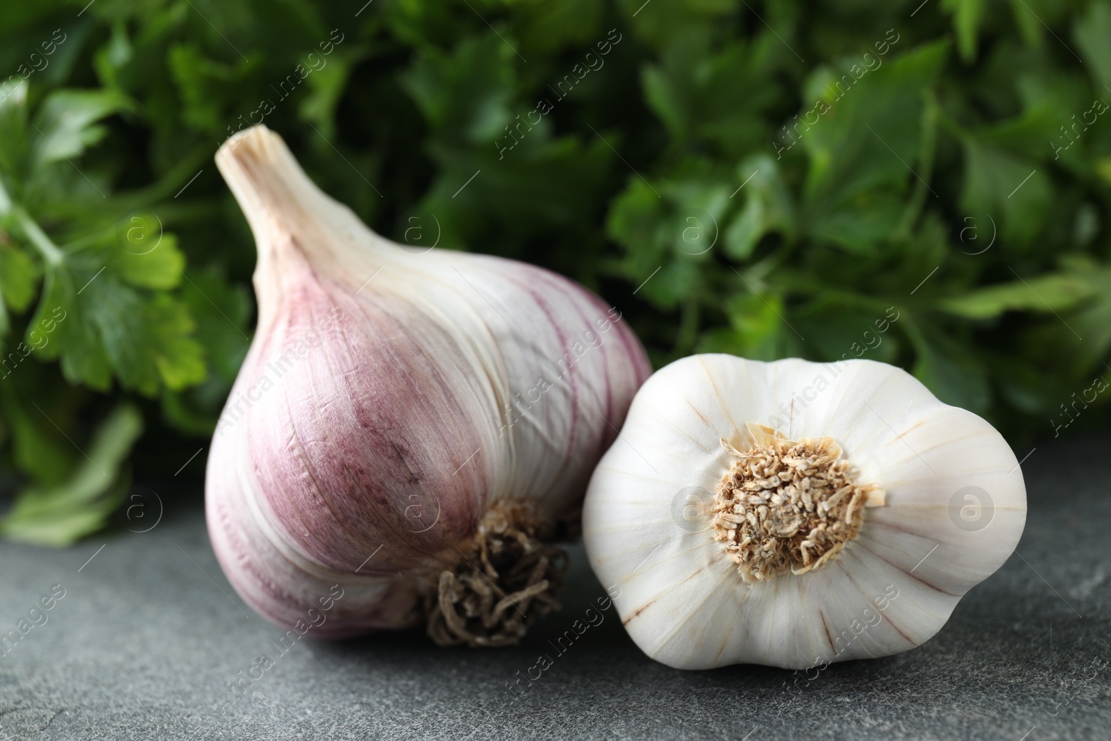 Photo of Fresh raw garlic and parsley on grey table, closeup