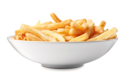 Photo of Bowl of tasty french fries isolated on white