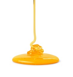 Photo of Pouring tasty natural honey isolated on white