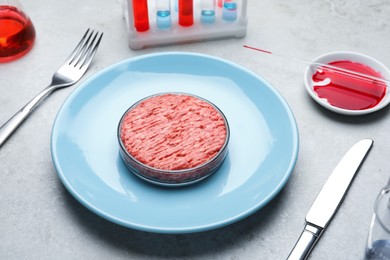 Photo of Cultured meat served on light grey lab table