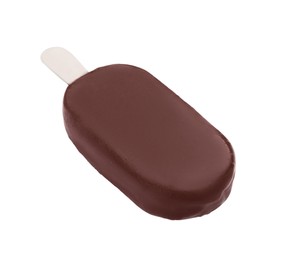 Photo of Delicious chocolate-glazed ice cream bar isolated on white