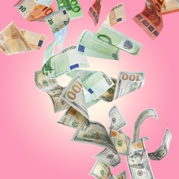 Image of Money exchange. Euro banknotes turning into dollars while falling on pink background