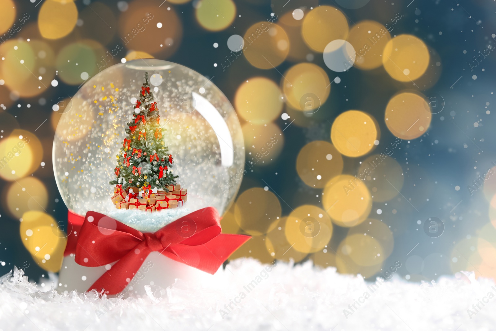 Image of Beautiful snow globe with Christmas tree against blurred lights, space for text. Bokeh effect