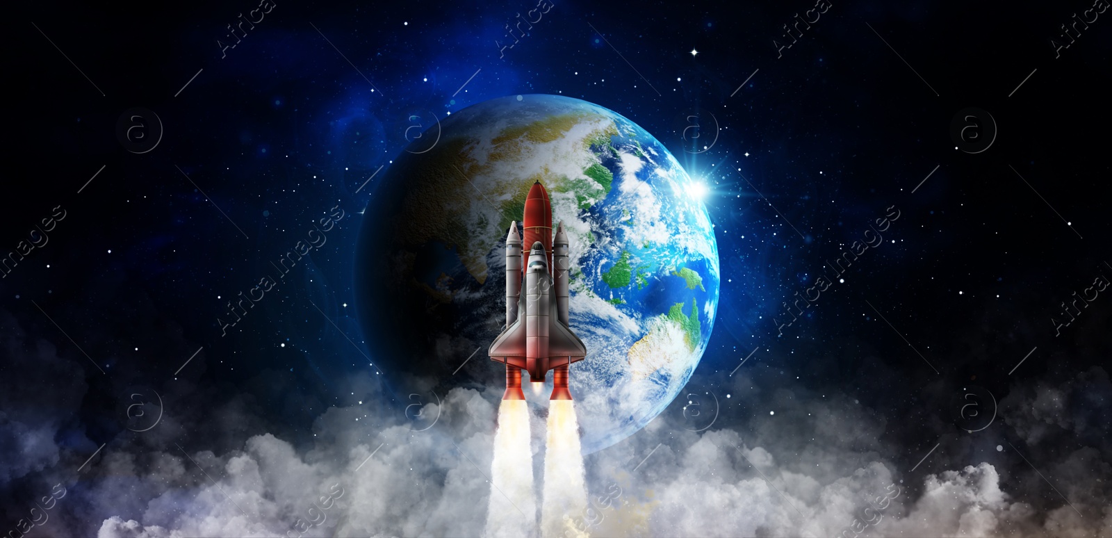 Image of Rocket flying near planet in space, banner design