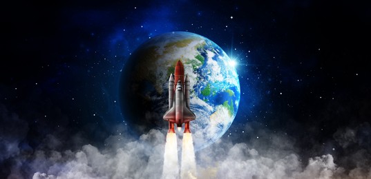 Rocket flying near planet in space, banner design