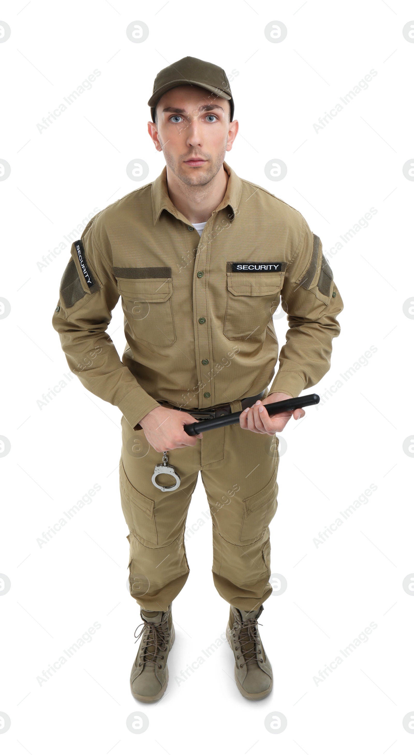 Photo of Male security guard with police baton on white background