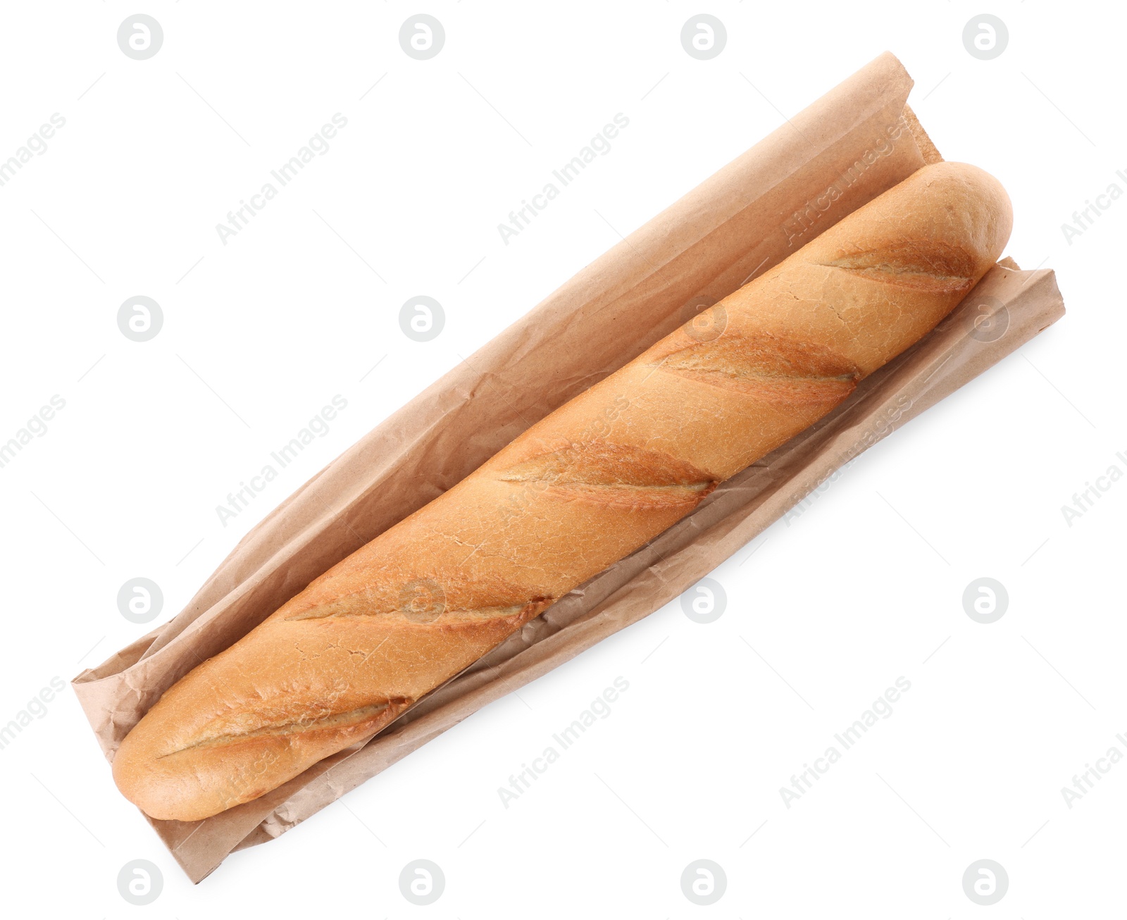 Photo of Tasty baguette and package isolated on white, top view. Fresh bread