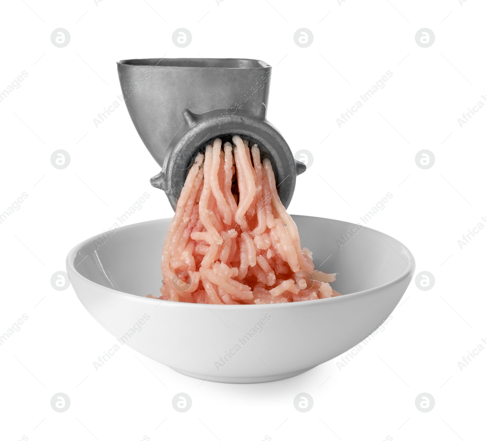 Photo of Metal meat grinder with chicken mince and bowl isolated on white