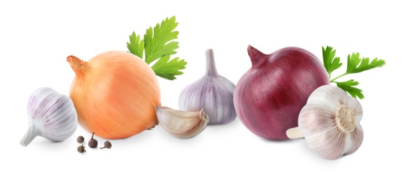 Image of Mix of fresh garlic and onions on white background. Banner design