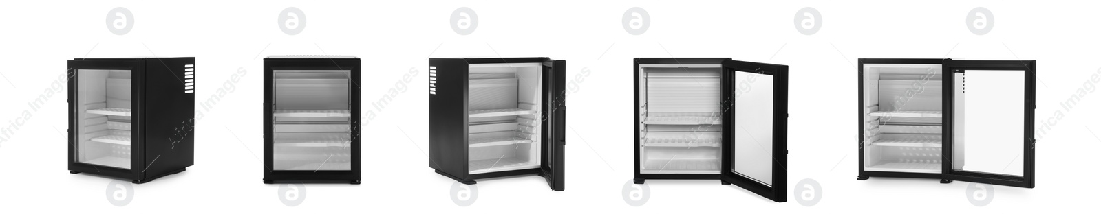 Image of Set with modern black minibars on white background. Banner design