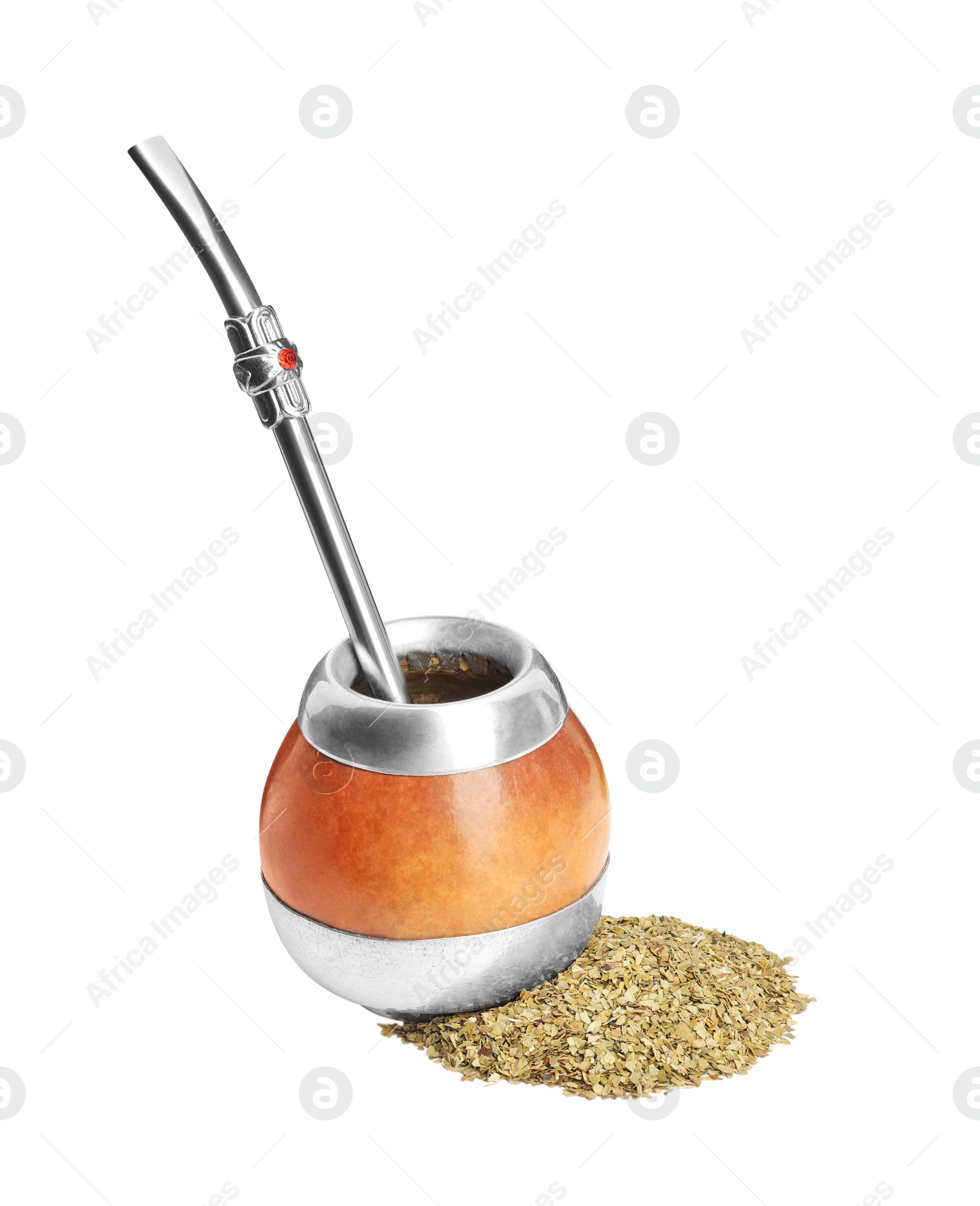 Photo of Calabash with mate tea and bombilla on white background