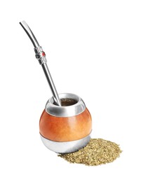 Photo of Calabash with mate tea and bombilla on white background