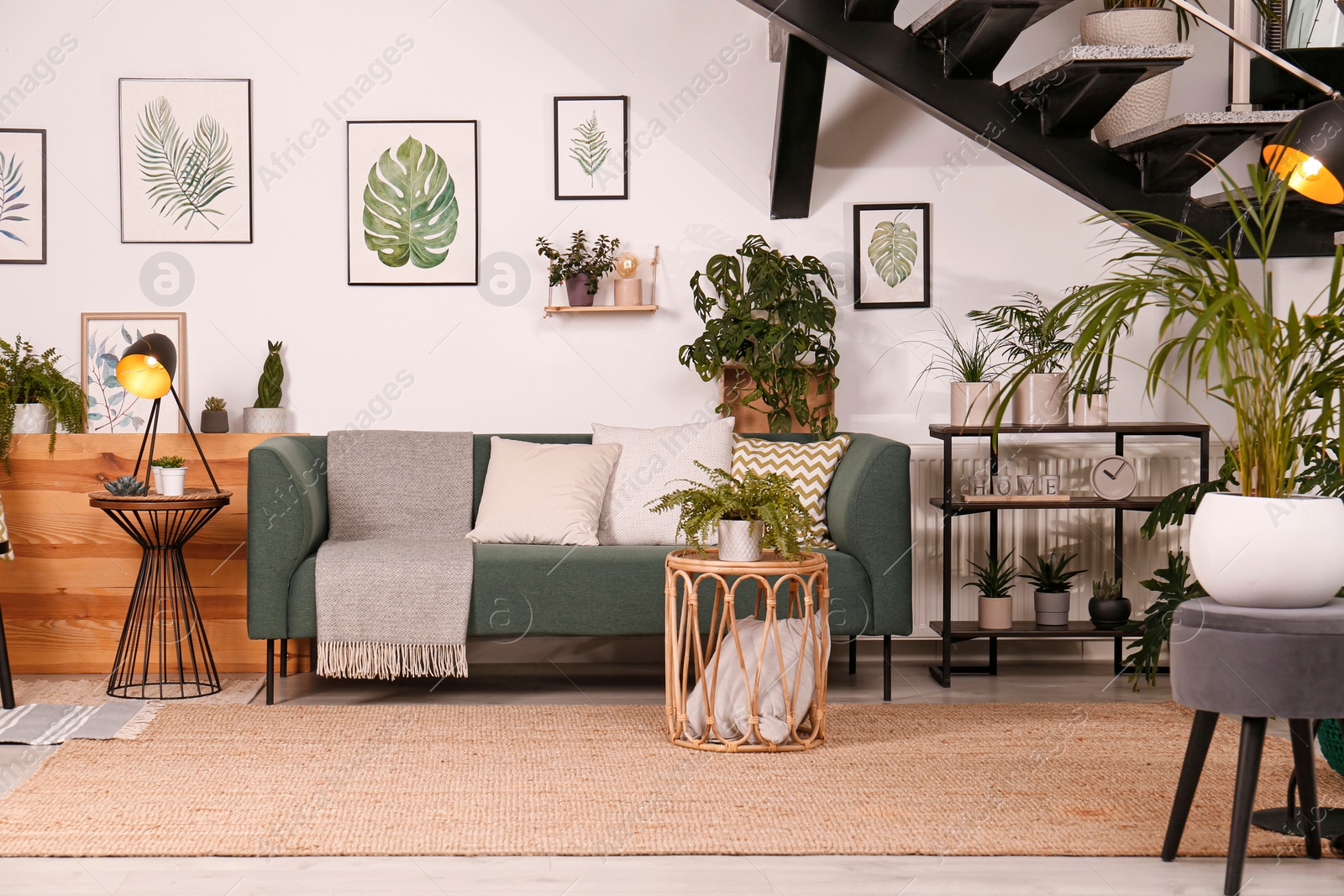 Photo of Stylish living room interior with comfortable sofa and green plants